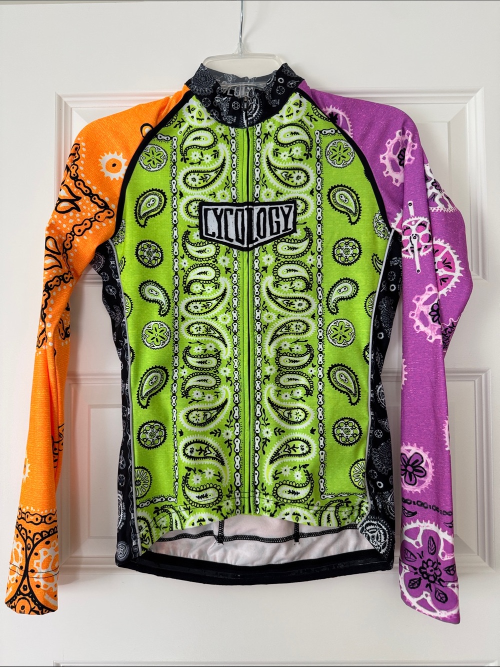 NWOT Cyclogy Colorblock Bandana Print Cycling Jersey - Lime, Orange & Purple